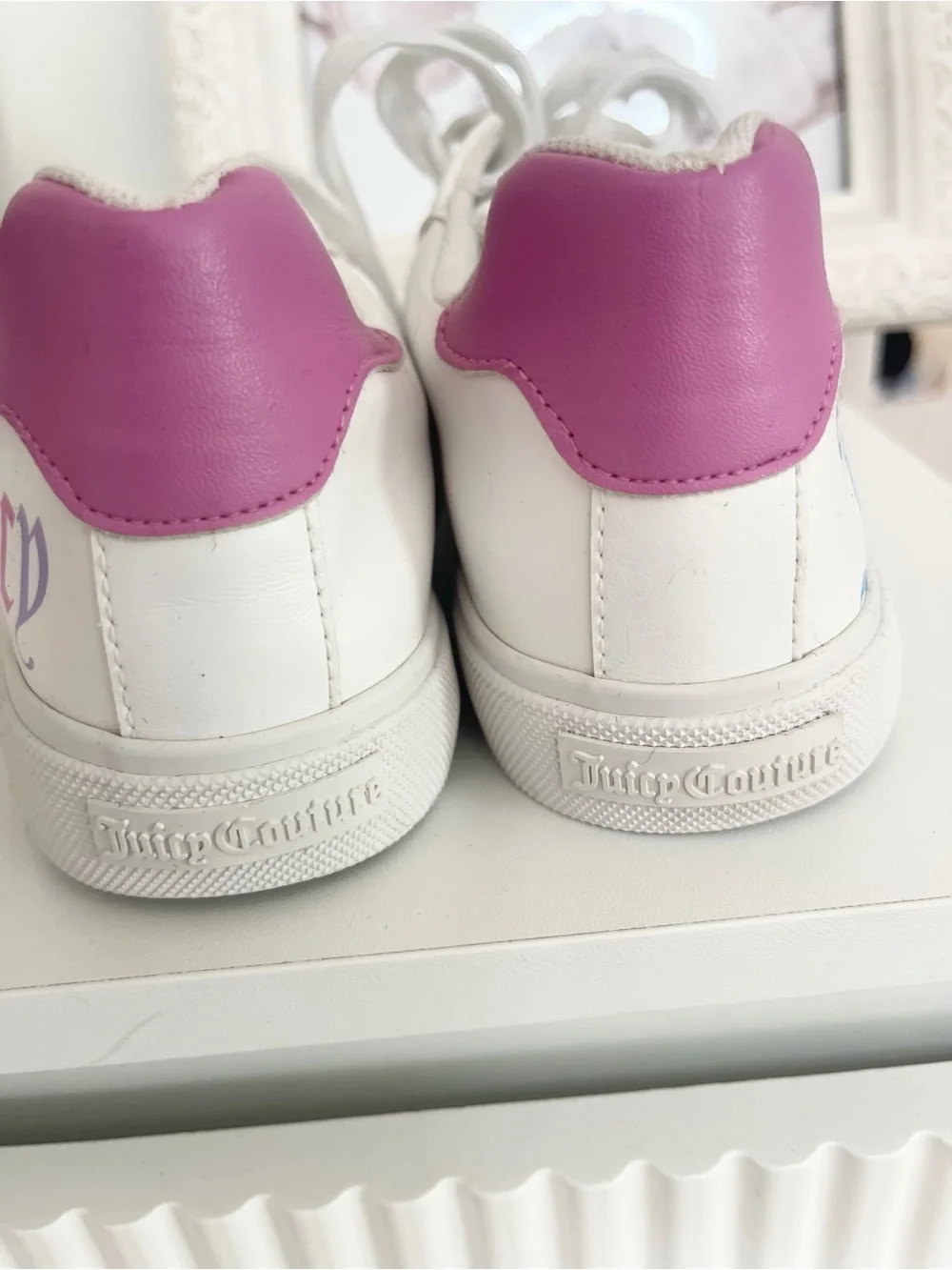 Juicy Couture White Sneakers with Pink Heel and Rainbow Juicy Script